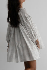 Frill Plaid Notched Balloon Sleeve Mini Dress OutfitFlow